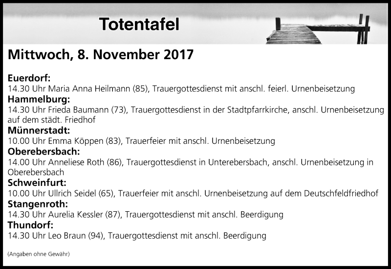  Traueranzeige für Totentafel vom 08.11.2017 vom 08.11.2017 aus MGO