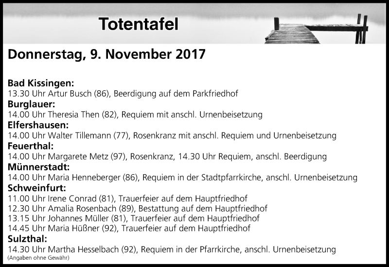 Traueranzeige für Totentafel vom 09.11.2017 vom 09.11.2017 aus MGO
