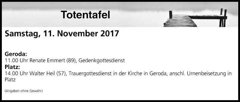  Traueranzeige für Totentafel vom 11.11.2017 vom 11.11.2017 aus MGO
