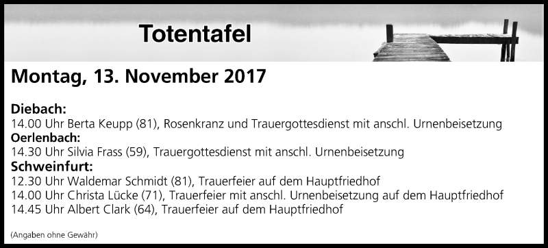  Traueranzeige für Totentafel vom 13.11.2017 vom 13.11.2017 aus MGO
