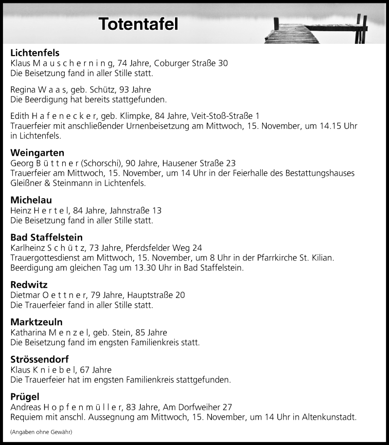  Traueranzeige für Totentafel vom 14.11.2017 vom 14.11.2017 aus MGO