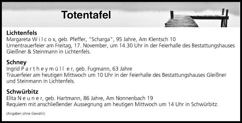 Traueranzeige für Totentafel vom 15.11.2017 vom 15.11.2017 aus MGO