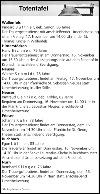 Anzeige von Totentafel vom 16.11.2017 von MGO