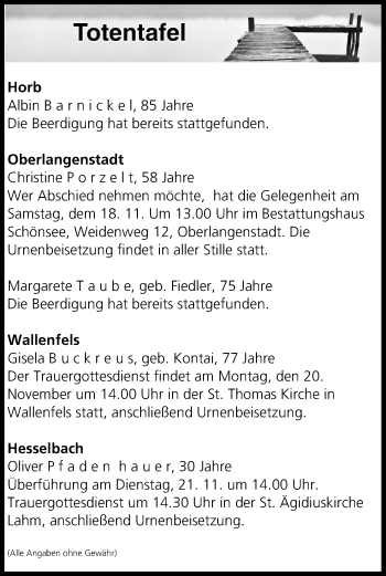 Anzeige von Totentafel vom 18.11.2017 von MGO