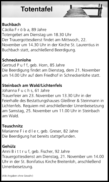 Anzeige von Totentafel vom 21.11.2017 von MGO