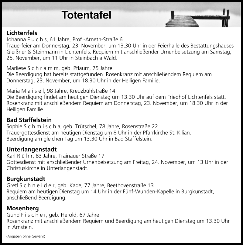 Traueranzeige für Totentafel vom 21.11.2017 vom 21.11.2017 aus MGO