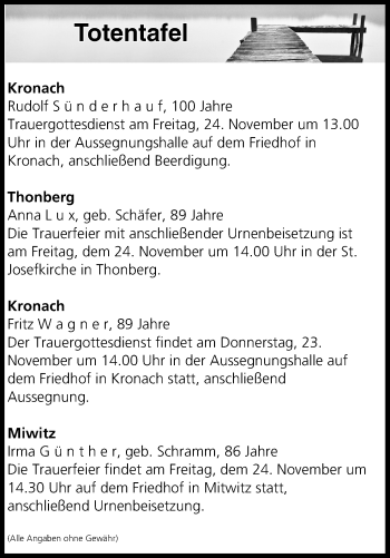 Anzeige von Totentafel vom 22.11.2017 von MGO