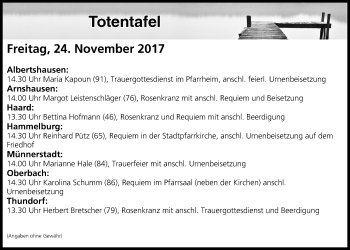 Anzeige von Totentafel vom 24.11.2017 von MGO