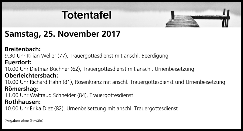  Traueranzeige für Totentafel vom 25.11.2017 vom 25.11.2017 aus MGO