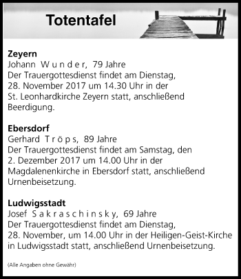 Anzeige von Totentafel vom 28.11.2017 von MGO