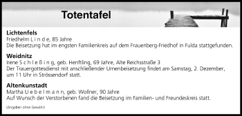 Anzeige von Totentafel vom 28.11.2017 von MGO