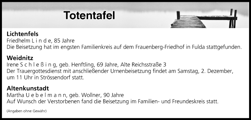  Traueranzeige für Totentafel vom 28.11.2017 vom 28.11.2017 aus MGO