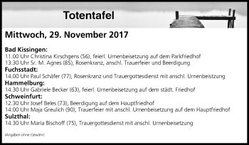 Anzeige von Totentafel vom 29.11.2017 von MGO