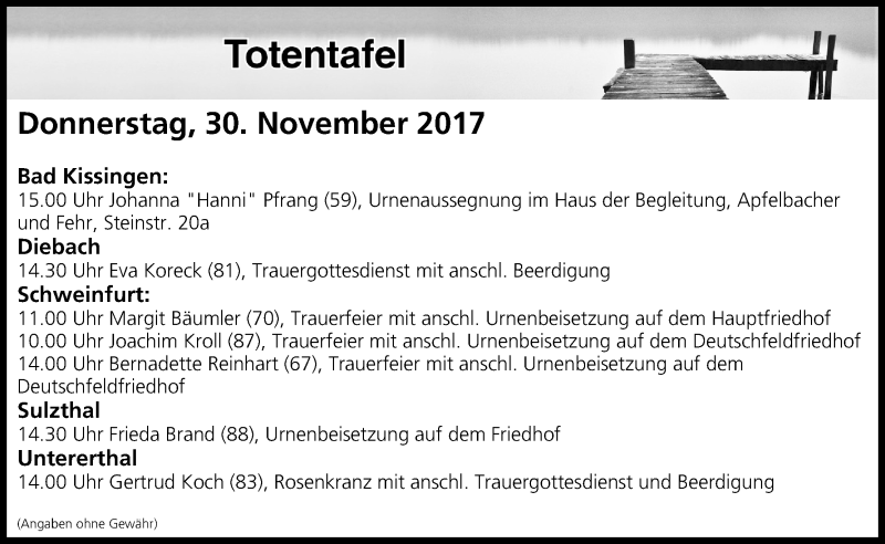  Traueranzeige für Totentafel vom 30.11.2017 vom 30.11.2017 aus MGO
