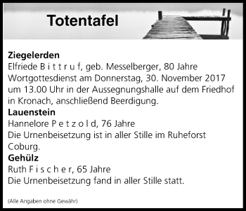 Anzeige von Totentafel vom 30.11.2017 von MGO