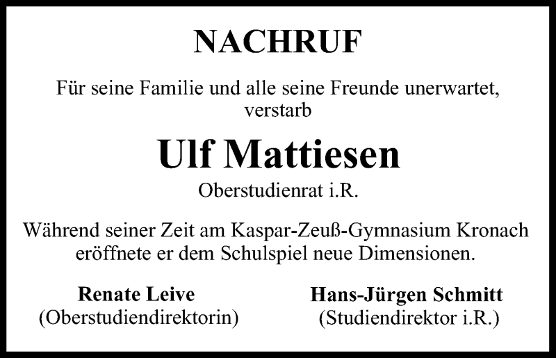  Traueranzeige für Ulf Mattiesen vom 13.11.2017 aus MGO
