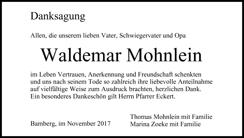  Traueranzeige für Waldemar Mohnlein vom 25.11.2017 aus MGO