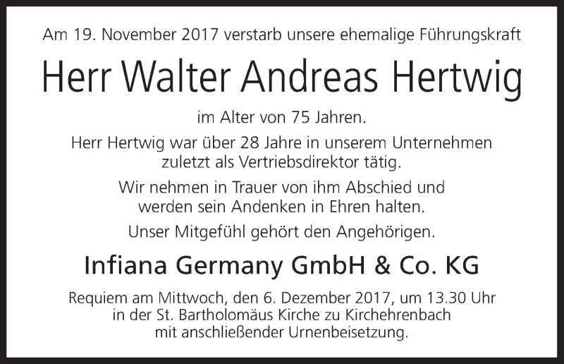  Traueranzeige für Walter Andreas Hertwig vom 29.11.2017 aus MGO