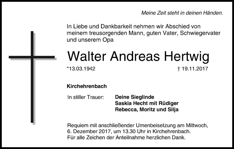  Traueranzeige für Walter Andreas Hertwig vom 29.11.2017 aus MGO