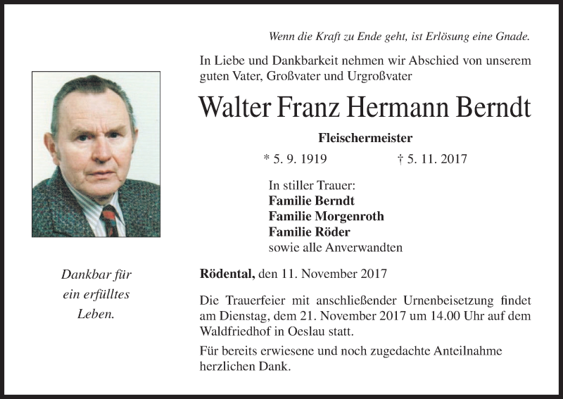  Traueranzeige für Walter Franz Hermann Berndt vom 11.11.2017 aus MGO