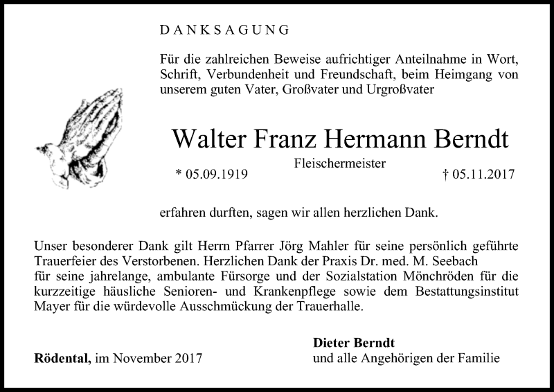  Traueranzeige für Walter Franz Hermann Berndt vom 25.11.2017 aus MGO