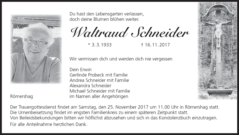  Traueranzeige für Waltraud Schneider vom 22.11.2017 aus MGO