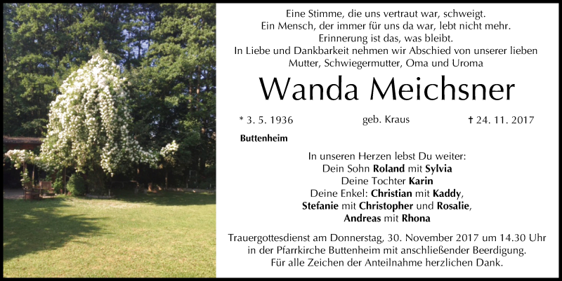  Traueranzeige für Wanda Meichsner vom 27.11.2017 aus MGO