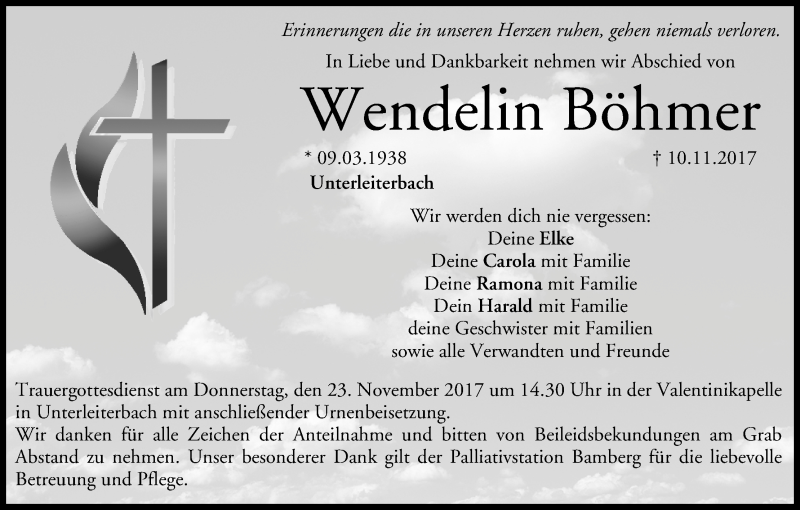  Traueranzeige für Wendelin Böhmer vom 18.11.2017 aus MGO
