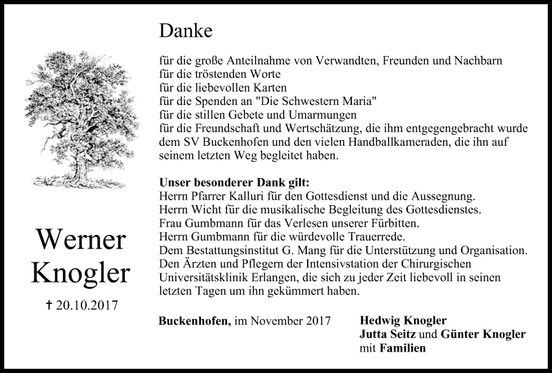  Traueranzeige für Werner Knogler vom 04.11.2017 aus MGO