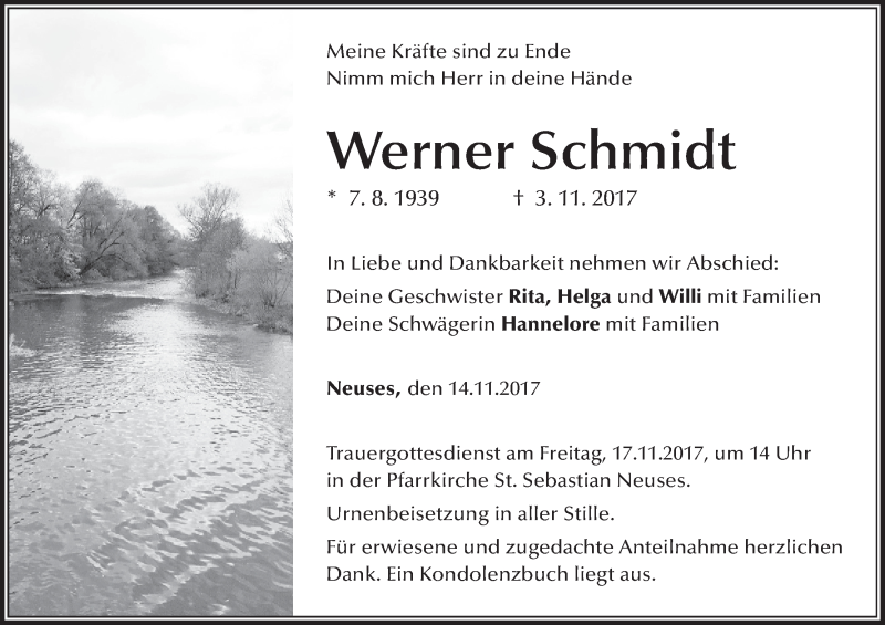  Traueranzeige für Werner Schmidt vom 14.11.2017 aus MGO