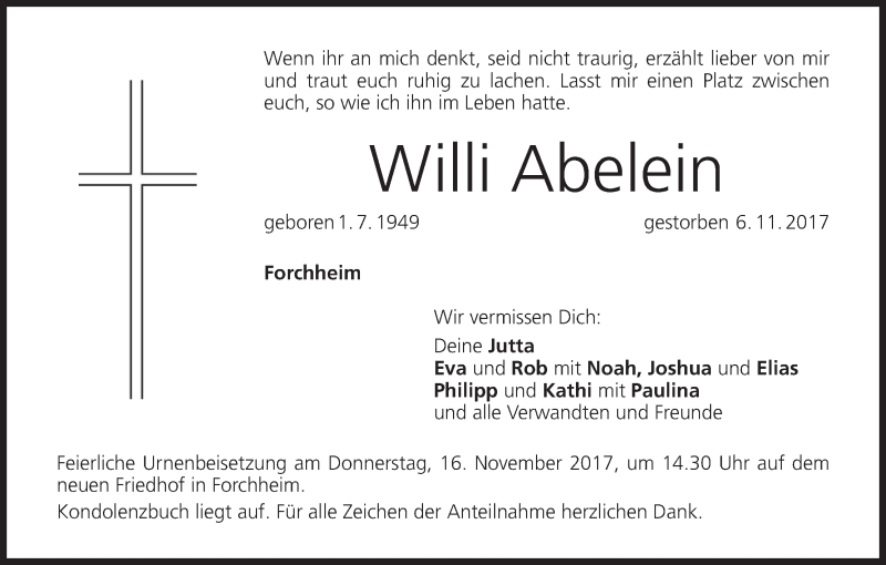  Traueranzeige für Willi Abelein vom 11.11.2017 aus MGO