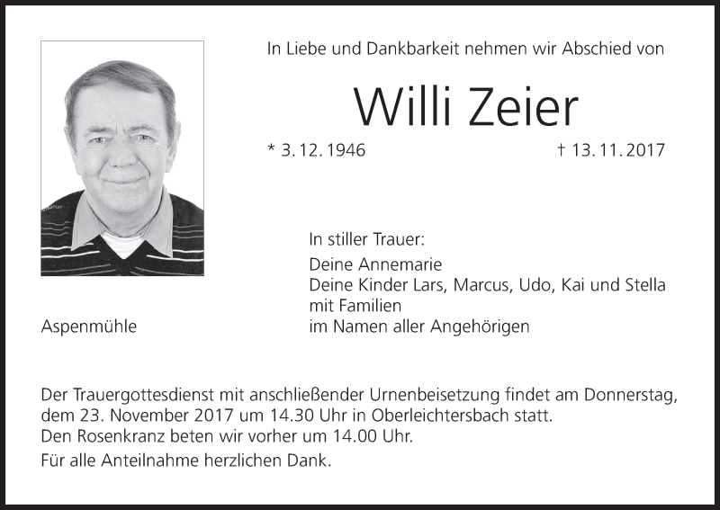  Traueranzeige für Willi Zeier vom 18.11.2017 aus MGO