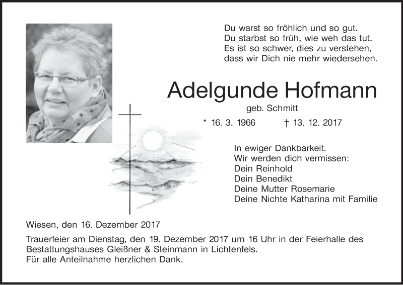  Traueranzeige für Adelgunde Hofmann vom 16.12.2017 aus MGO