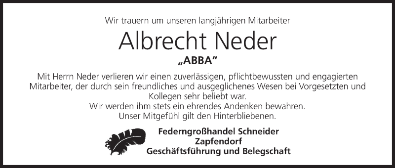  Traueranzeige für Albrecht Neder vom 02.12.2017 aus MGO