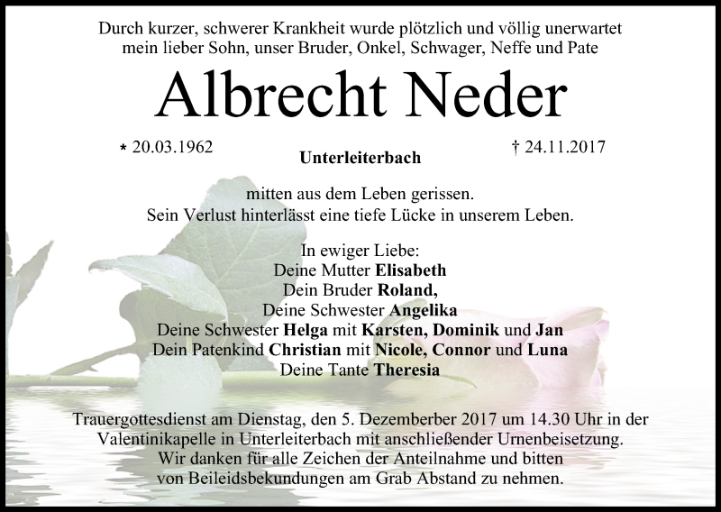  Traueranzeige für Albrecht Neder vom 02.12.2017 aus MGO