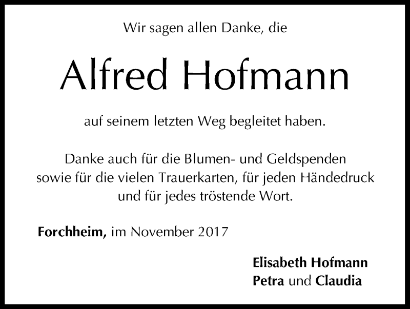  Traueranzeige für Alfred Hofmann vom 09.12.2017 aus MGO