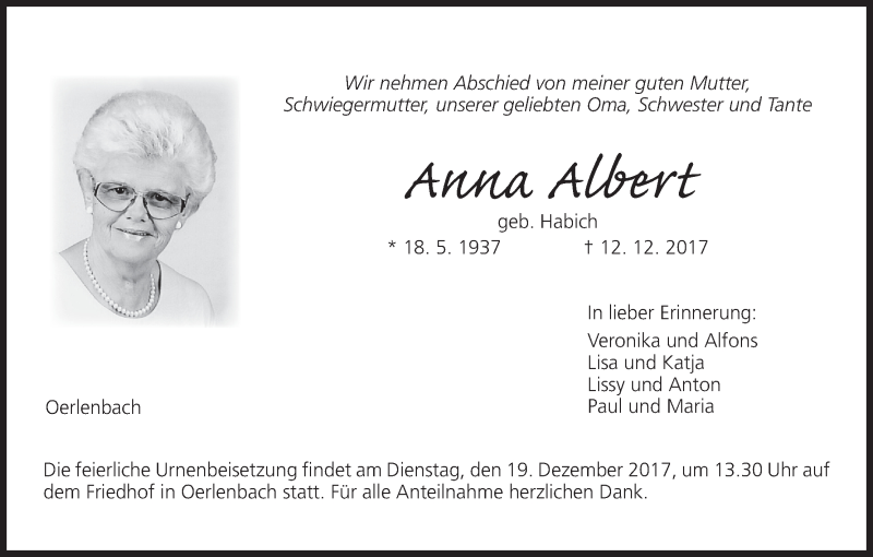  Traueranzeige für Anna Albert vom 16.12.2017 aus MGO