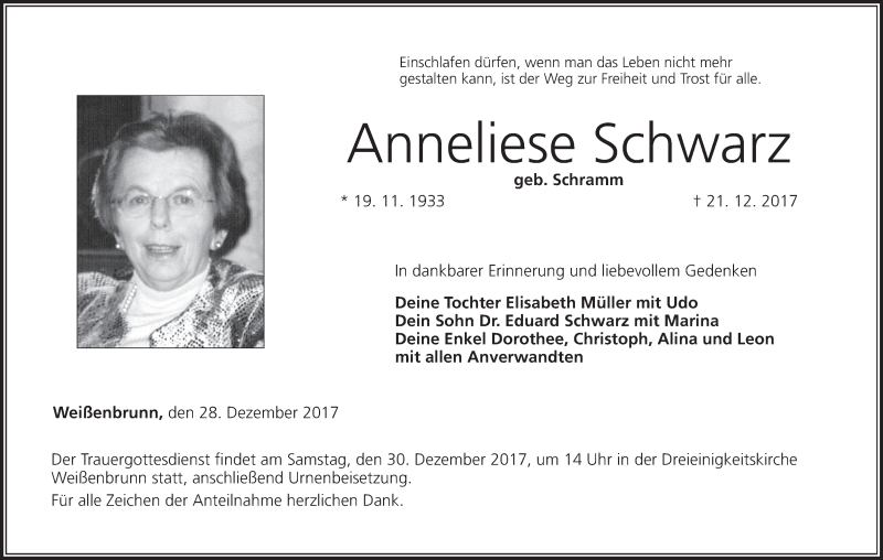  Traueranzeige für Anneliese Schwarz vom 28.12.2017 aus MGO