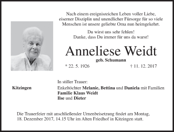 Anzeige von Anneliese Weidt von MGO