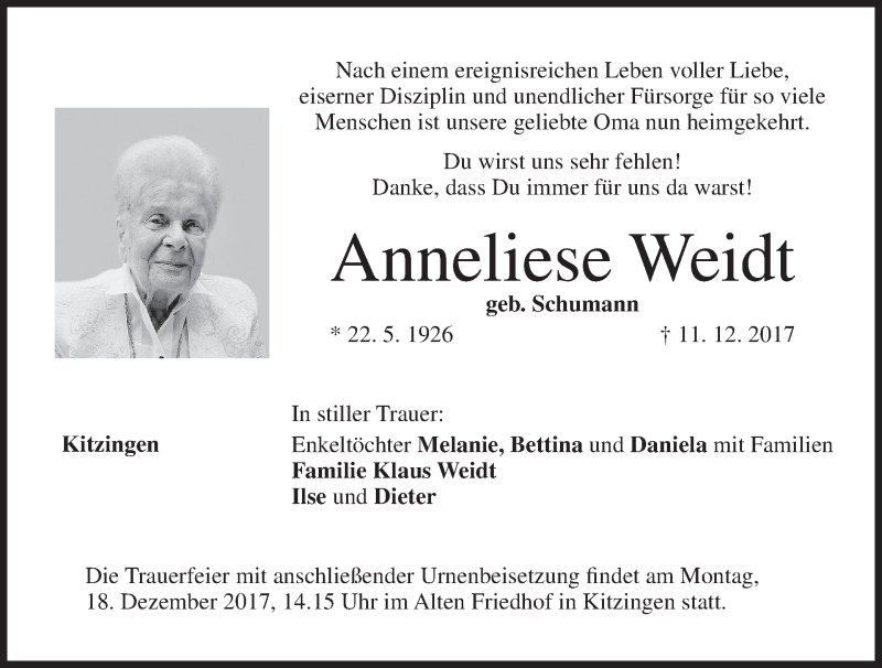  Traueranzeige für Anneliese Weidt vom 16.12.2017 aus MGO