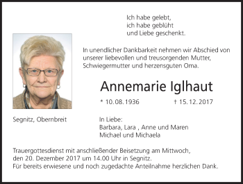 Anzeige von Annemarie lglhaut von MGO