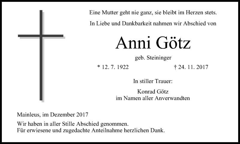  Traueranzeige für Anni Götz vom 23.12.2017 aus MGO