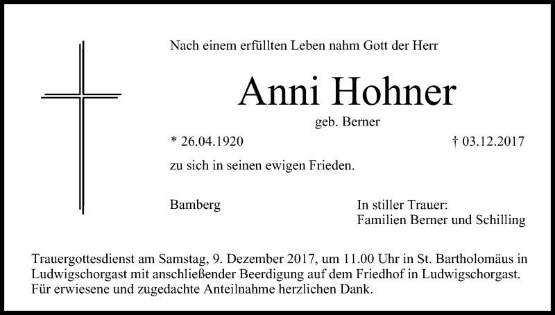  Traueranzeige für Anni Hohner vom 06.12.2017 aus MGO
