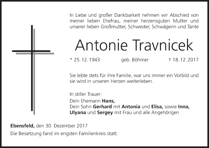  Traueranzeige für Antonie Travnicek vom 30.12.2017 aus MGO