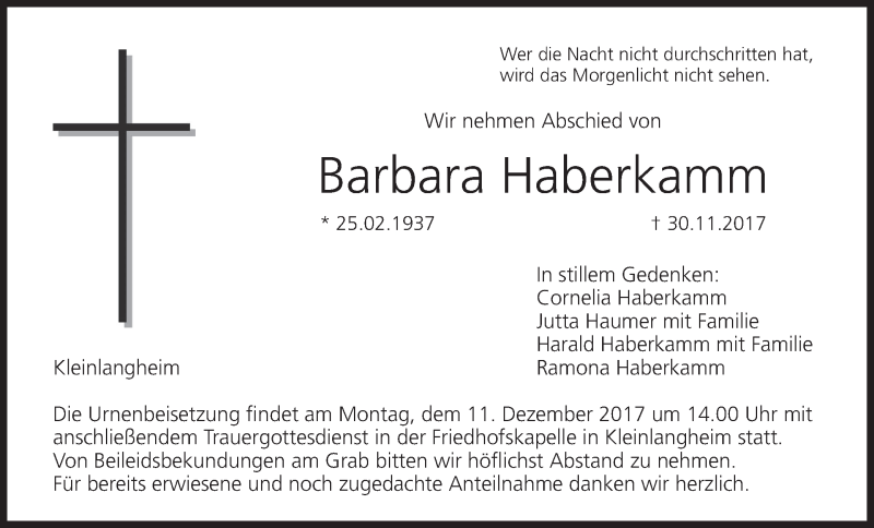  Traueranzeige für Barbara Haberkamm vom 09.12.2017 aus MGO