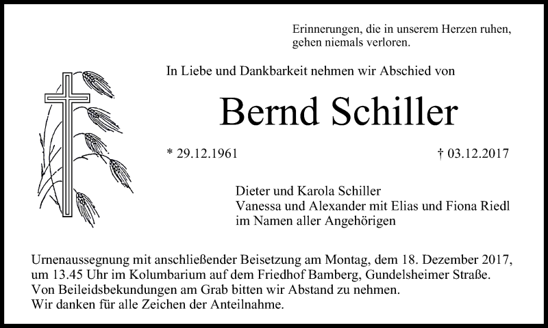  Traueranzeige für Bernd Schiller vom 16.12.2017 aus MGO