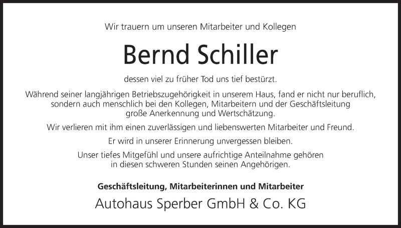  Traueranzeige für Bernd Schiller vom 16.12.2017 aus MGO