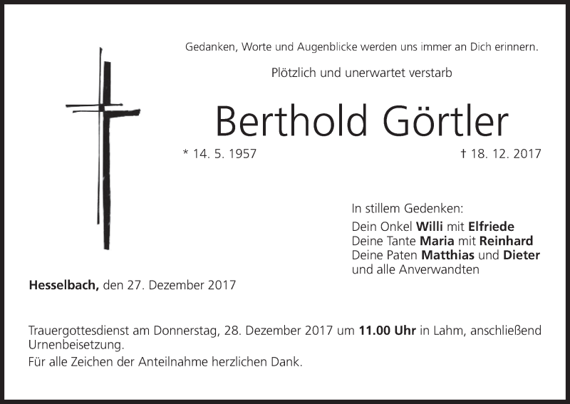  Traueranzeige für Berthold Görtler vom 27.12.2017 aus MGO