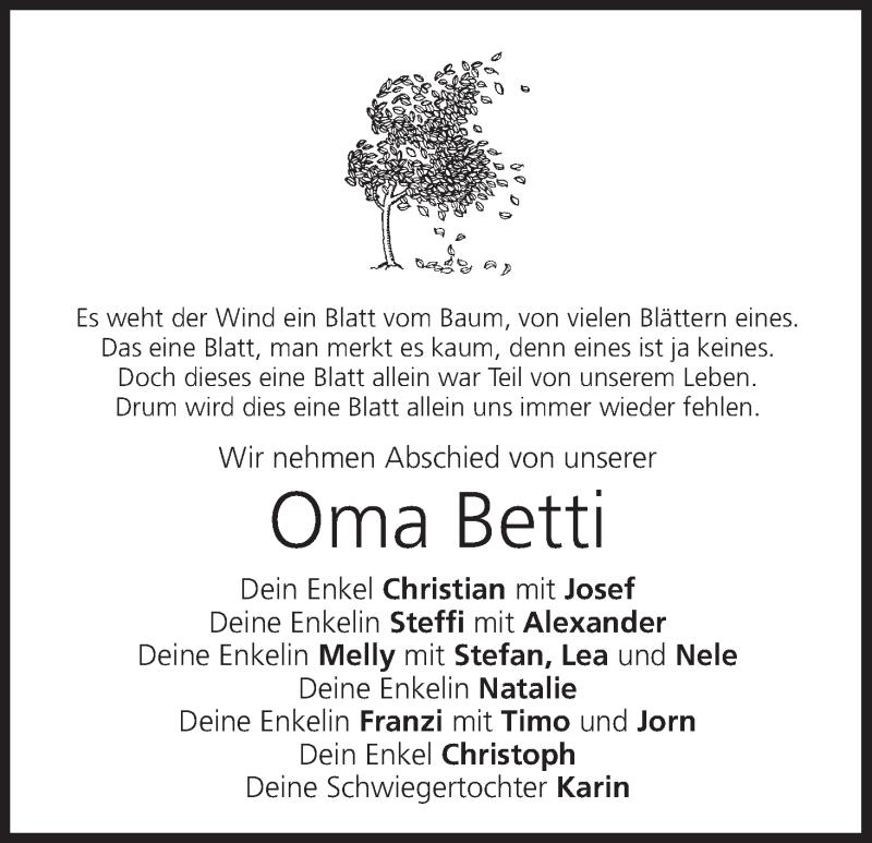  Traueranzeige für Betti Bürkner vom 30.12.2017 aus MGO