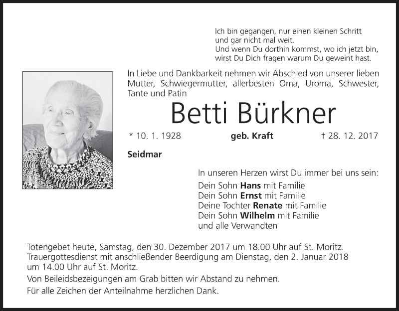  Traueranzeige für Betti Bürkner vom 30.12.2017 aus MGO